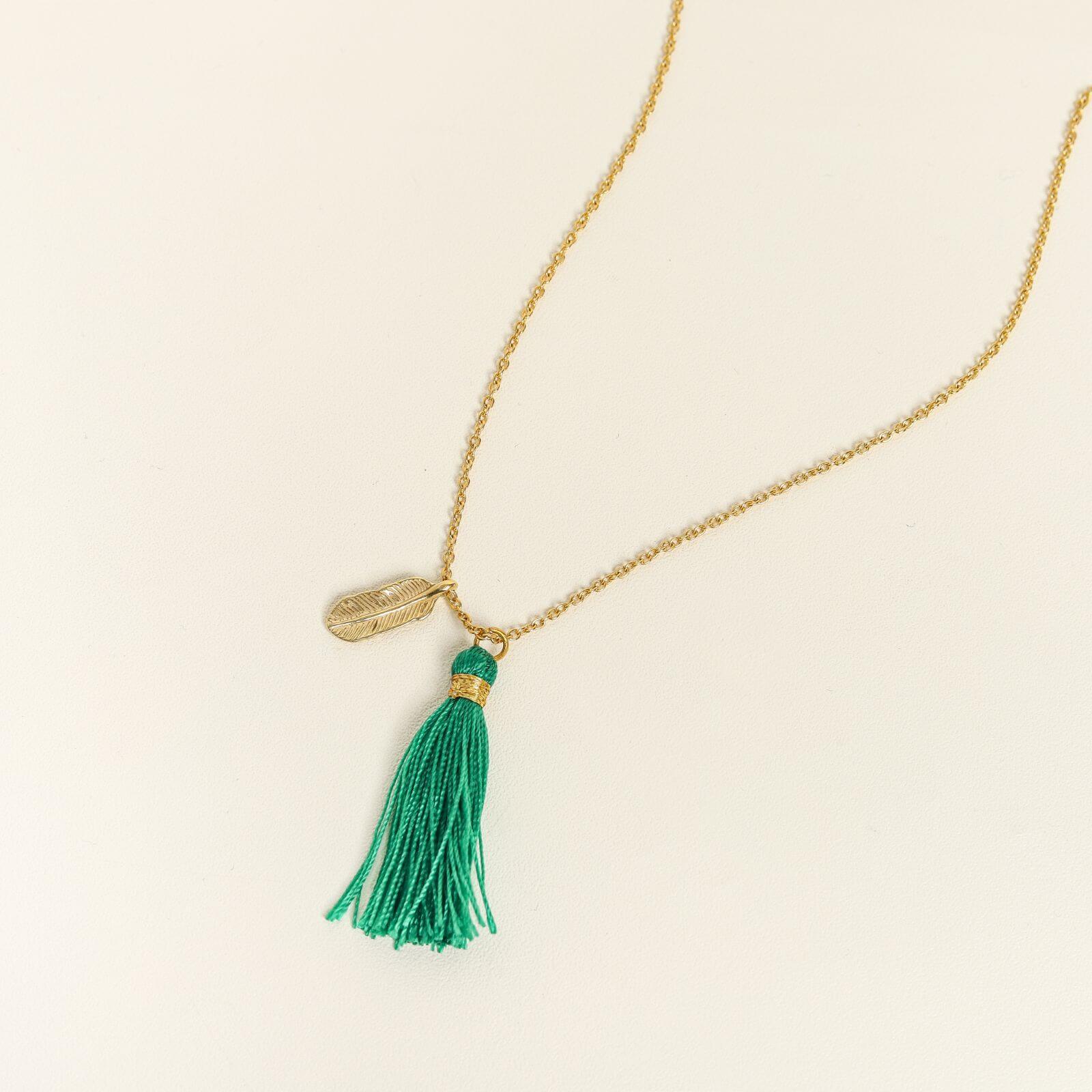 Gold Necklace with Green Feather Accents - praijing