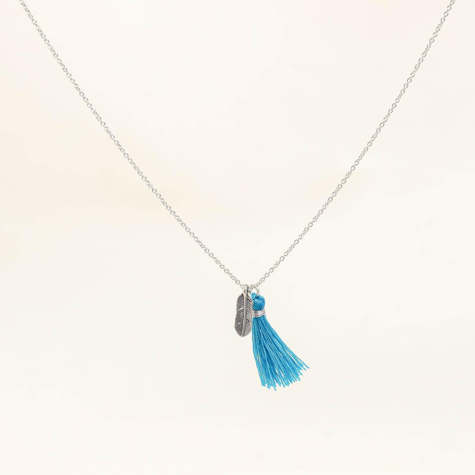 Silver Necklace with Sea Blue Feather Accents - praijing