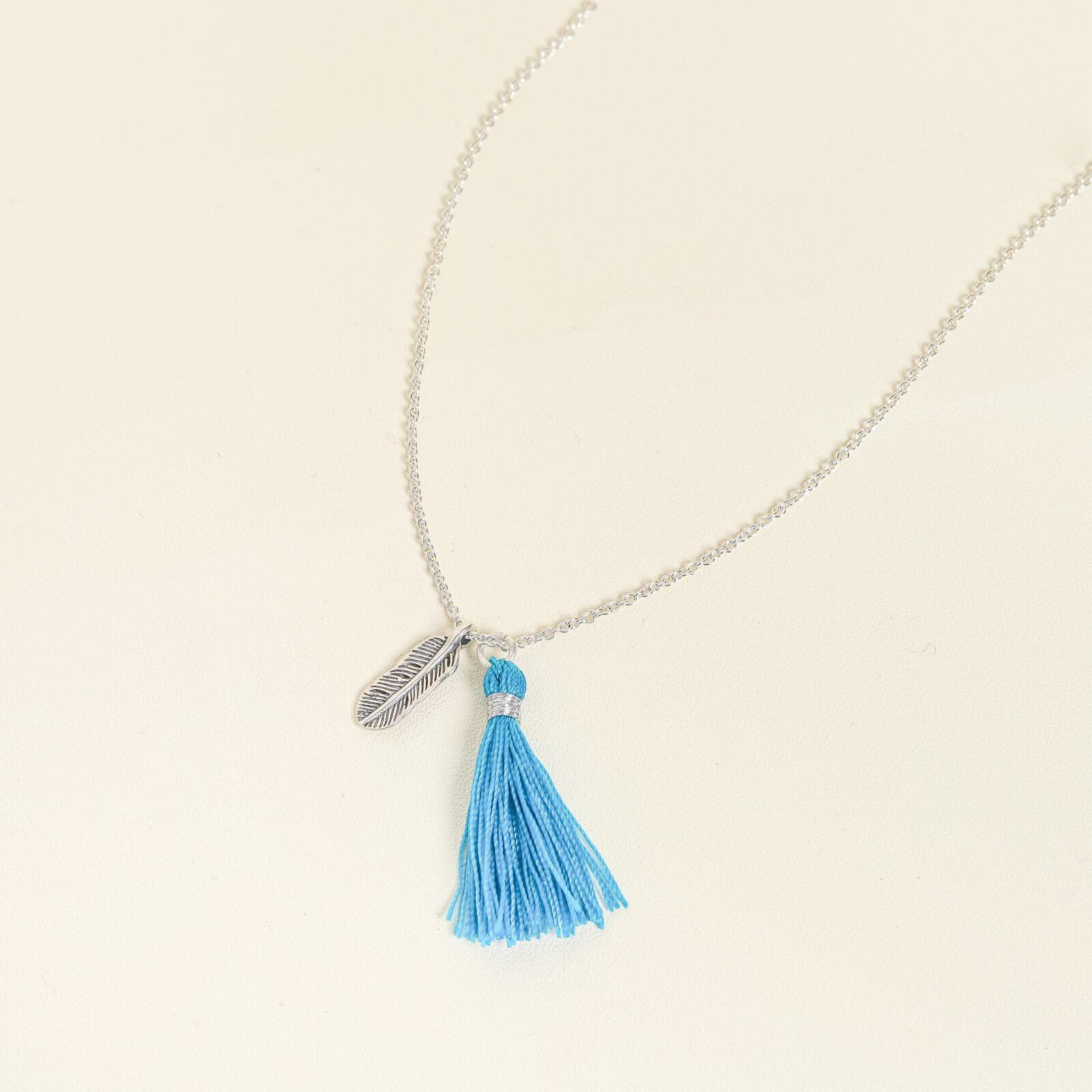 Silver Necklace with Sea Blue Feather Accents - praijing