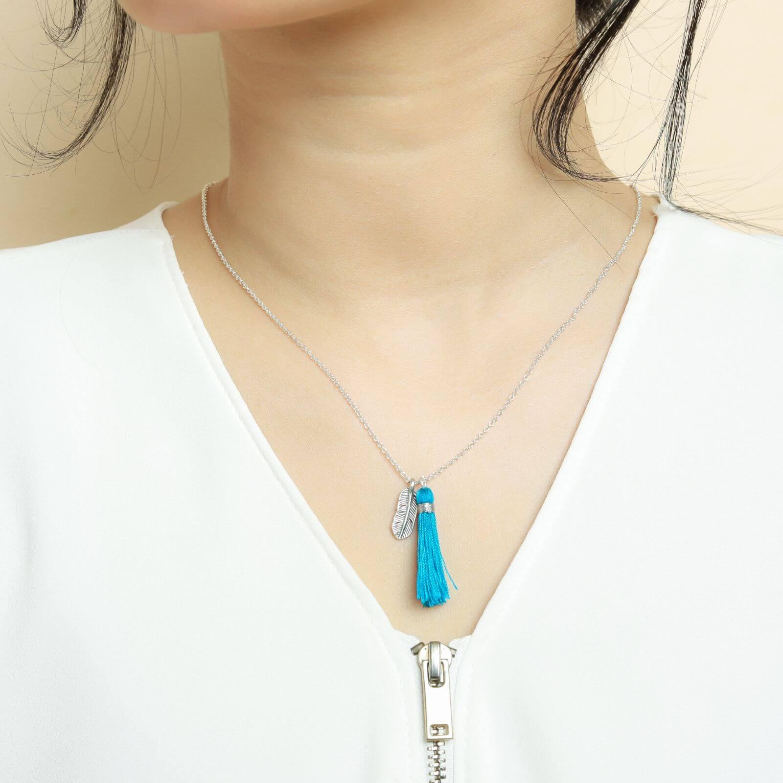 Silver Necklace with Sea Blue Feather Accents - praijing